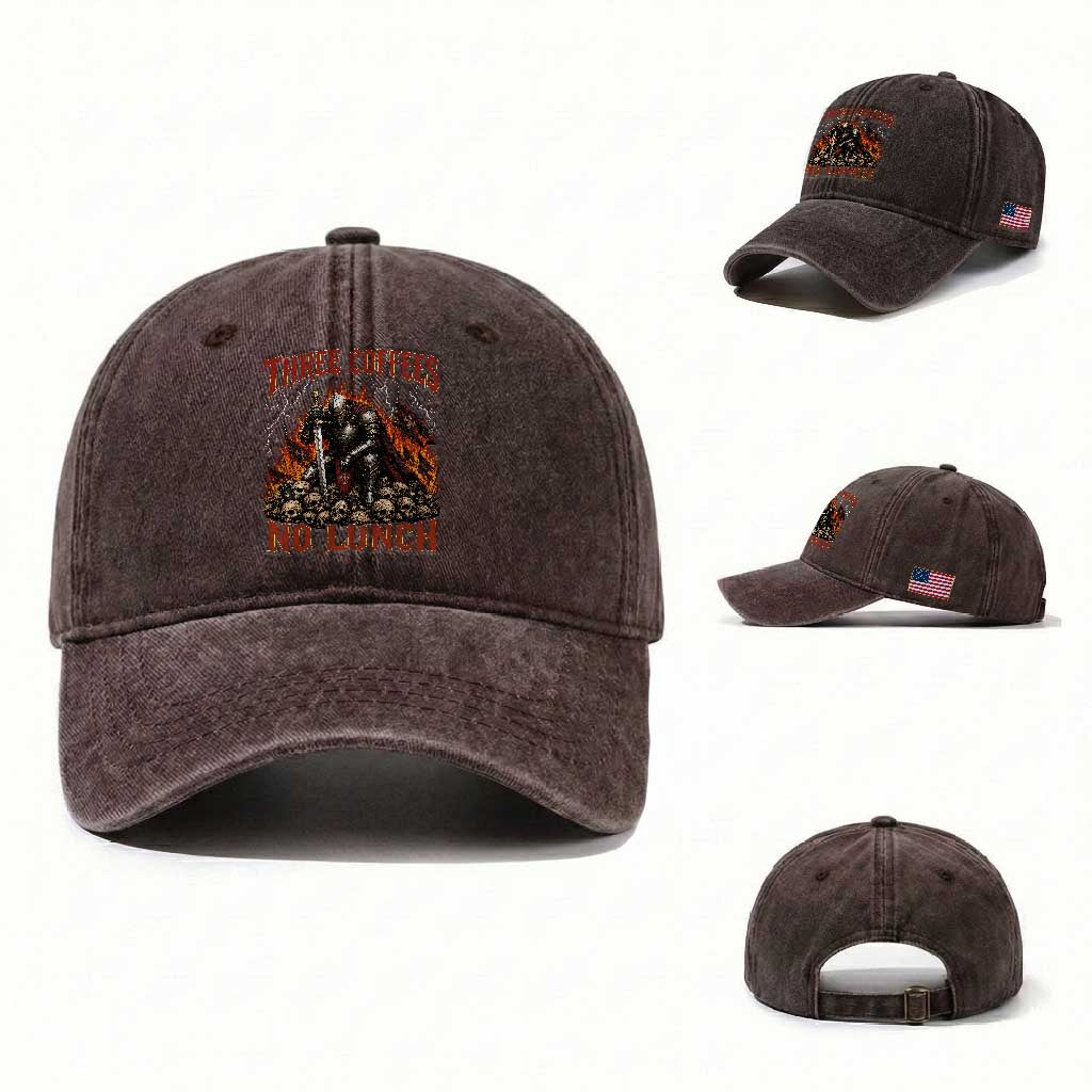 Three Coffees No Lunch Washed Cotton Baseball Cap Funny Medieval Knight Coffee Lover