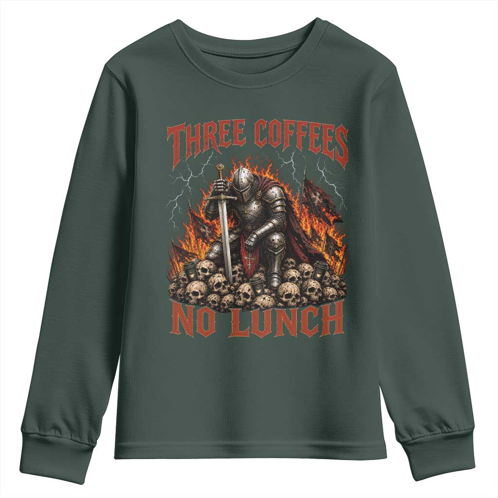 Three Coffees No Lunch Youth Sweatshirt Funny Medieval Knight Coffee Lover