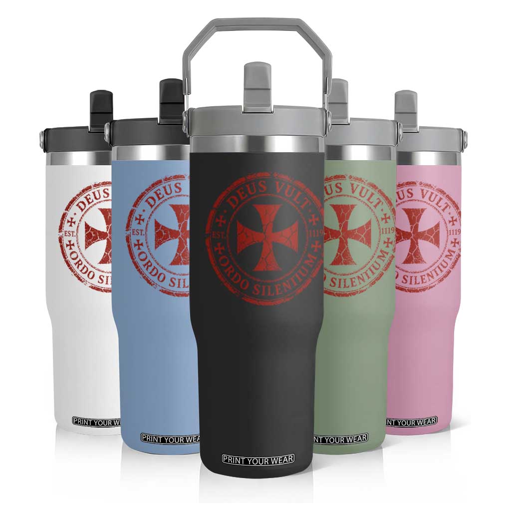 Deus Vult Ordo Silentium Knights Templar Est 1119 Flip Straw Tumbler Crusader Cross