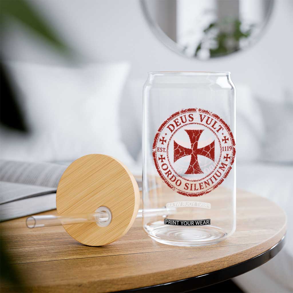 Deus Vult Ordo Silentium Knights Templar Est 1119 Glass Can Crusader Cross