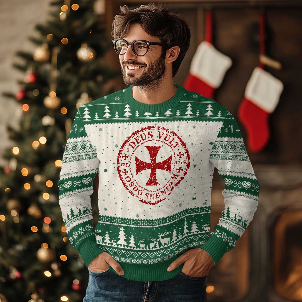 Deus Vult Ordo Silentium Knights Templar Est 1119 Ugly Christmas Sweater Crusader Cross