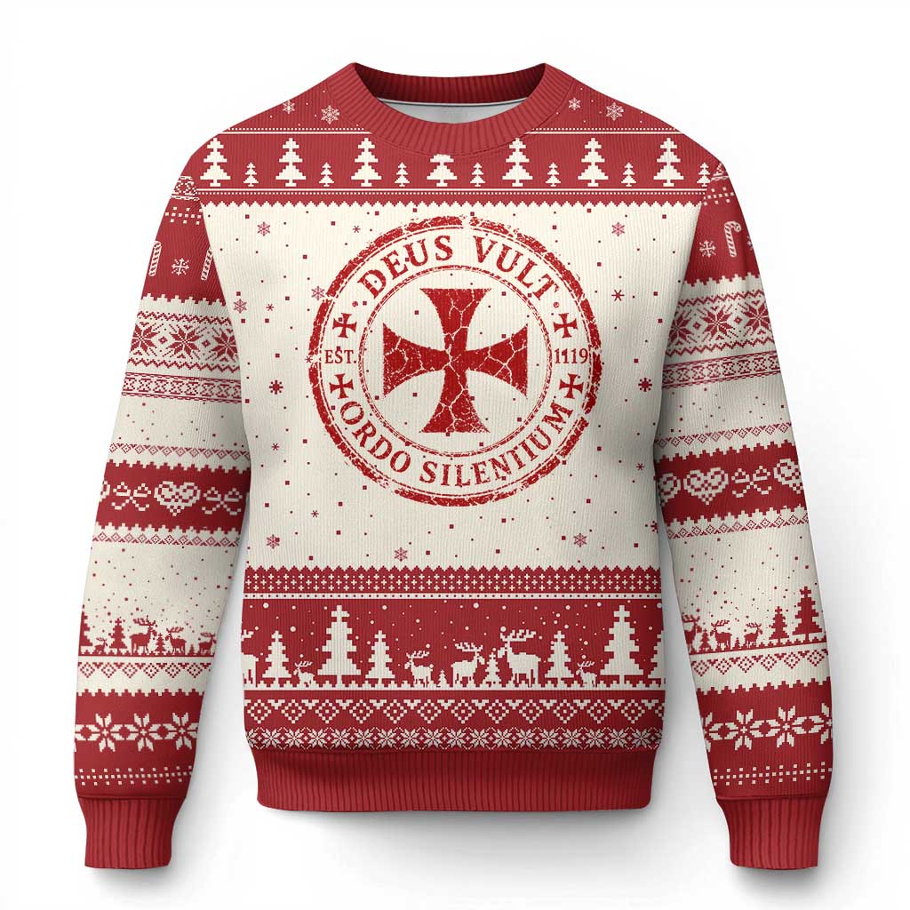 Deus Vult Ordo Silentium Knights Templar Est 1119 Ugly Christmas Sweater Crusader Cross