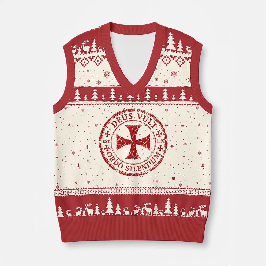 Deus Vult Ordo Silentium Knights Templar Est 1119 V-Neck Knit Sweater Vest Crusader Cross