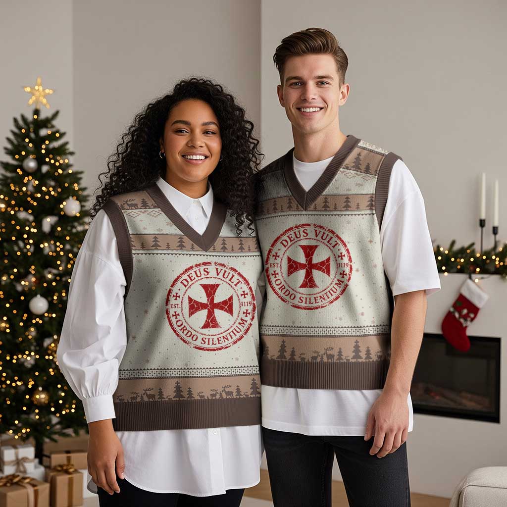 Deus Vult Ordo Silentium Knights Templar Est 1119 V-Neck Knit Sweater Vest Crusader Cross
