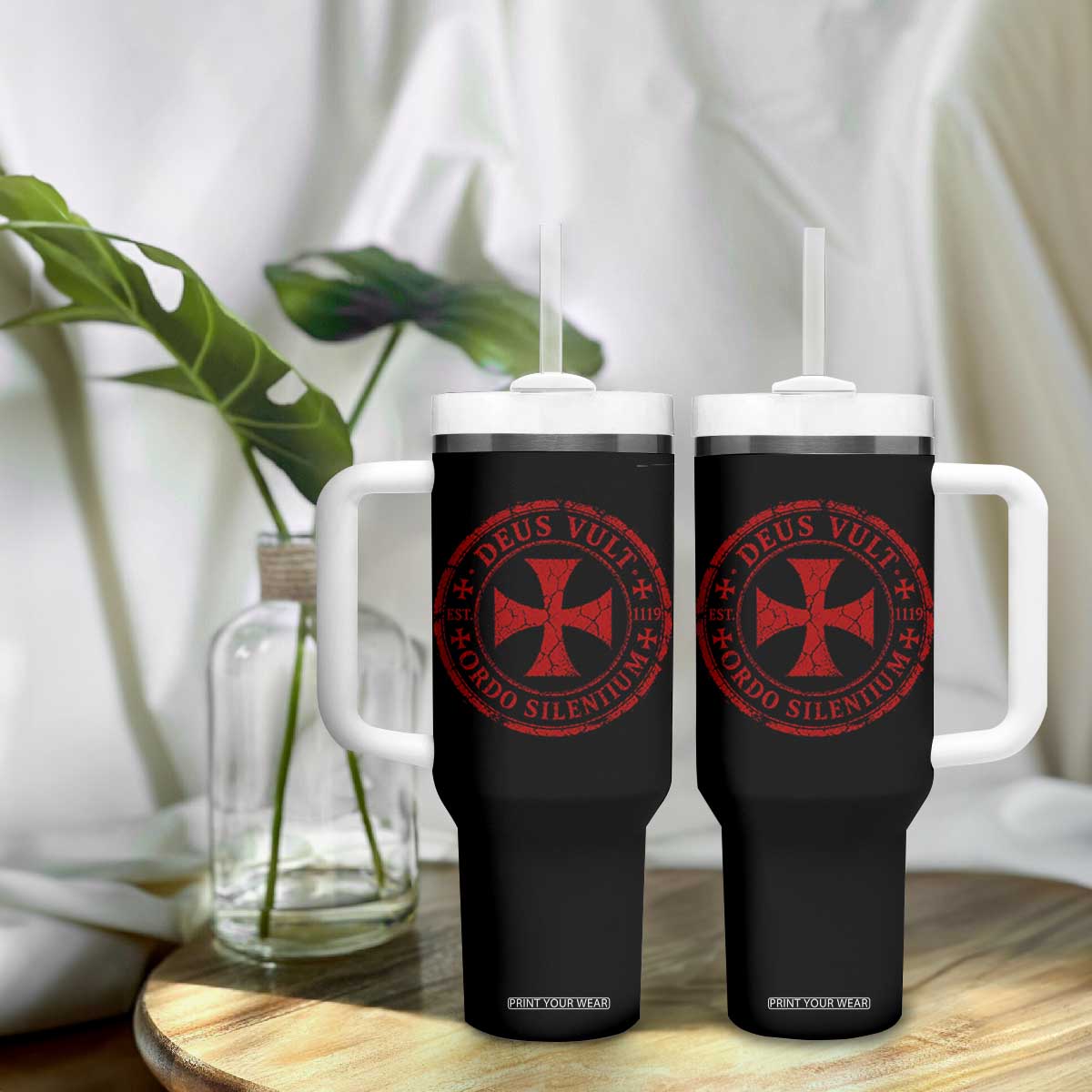 Deus Vult Ordo Silentium Knights Templar Est 1119 Tumbler With Handle Crusader Cross