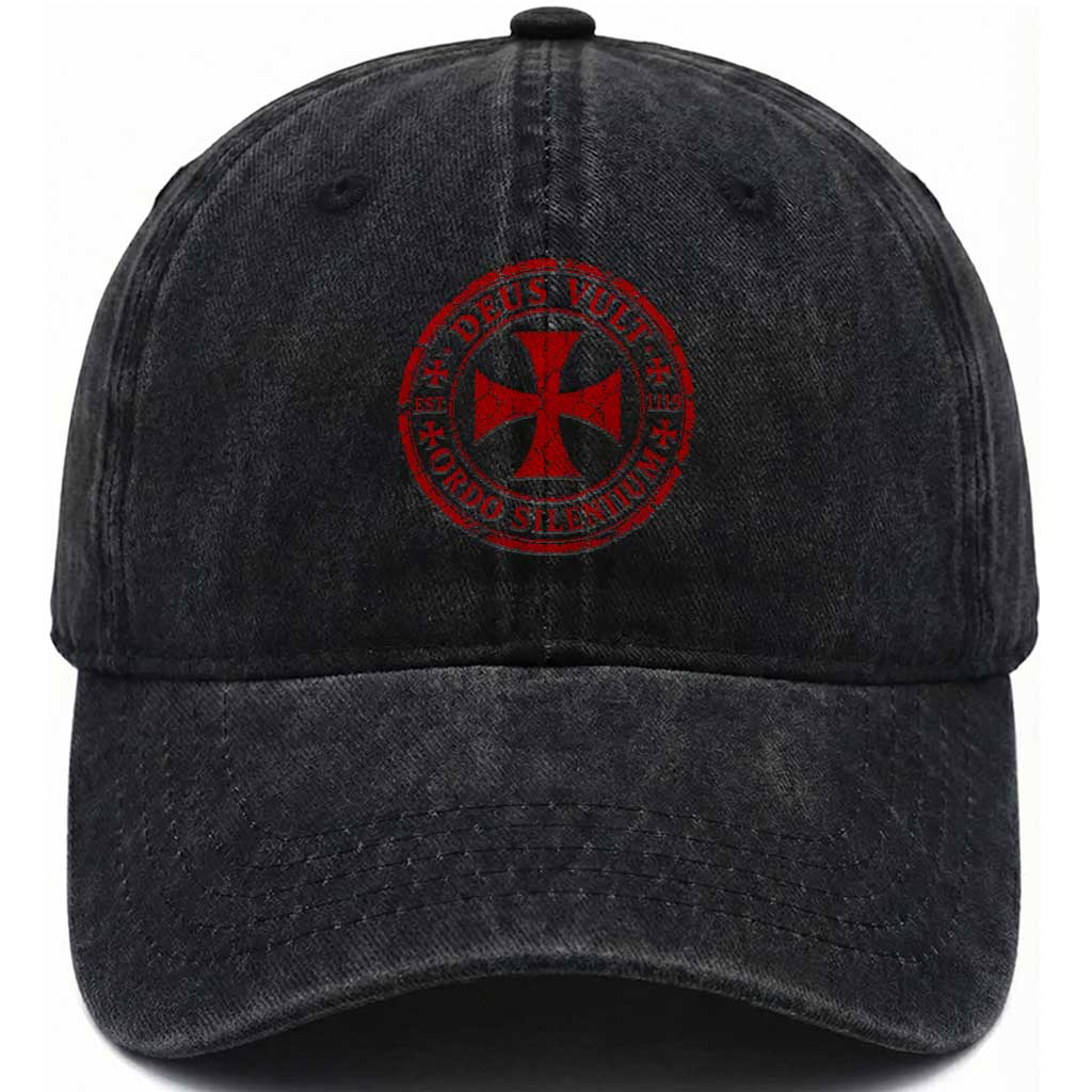 Deus Vult Ordo Silentium Knights Templar Est 1119 Washed Cotton Baseball Cap Crusader Cross