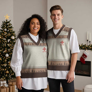 Deus Vult Catholic Knight Templar Jerusalem Cross V-Neck Knit Sweater Vest