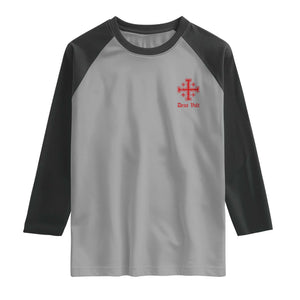 Deus Vult Catholic Knight Templar Jerusalem Cross Raglan Shirt