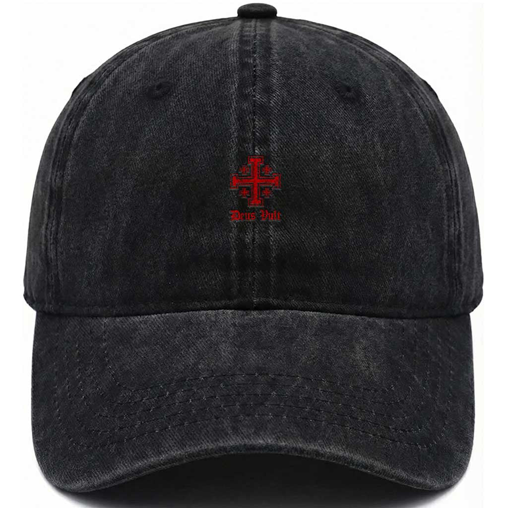 Deus Vult Catholic Knight Templar Jerusalem Cross Washed Cotton Baseball Cap