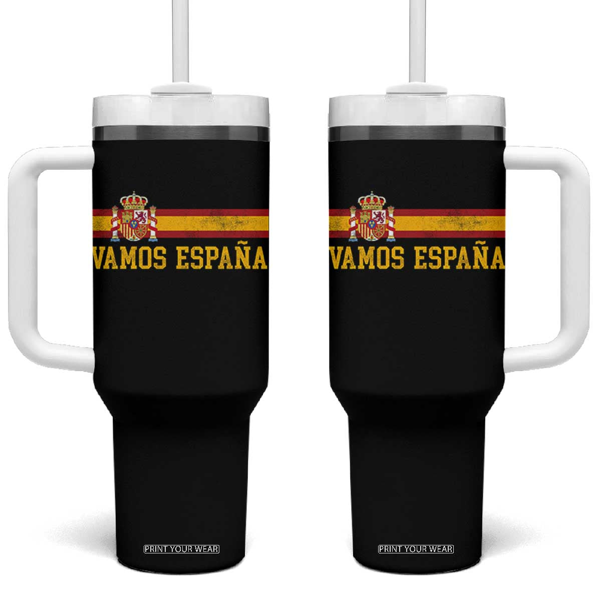 Vamos Espana Spainish Flag Vintage Spain Coat of Arms Tumbler With Handle TS11 One Size: 40 oz Black Print Your Wear