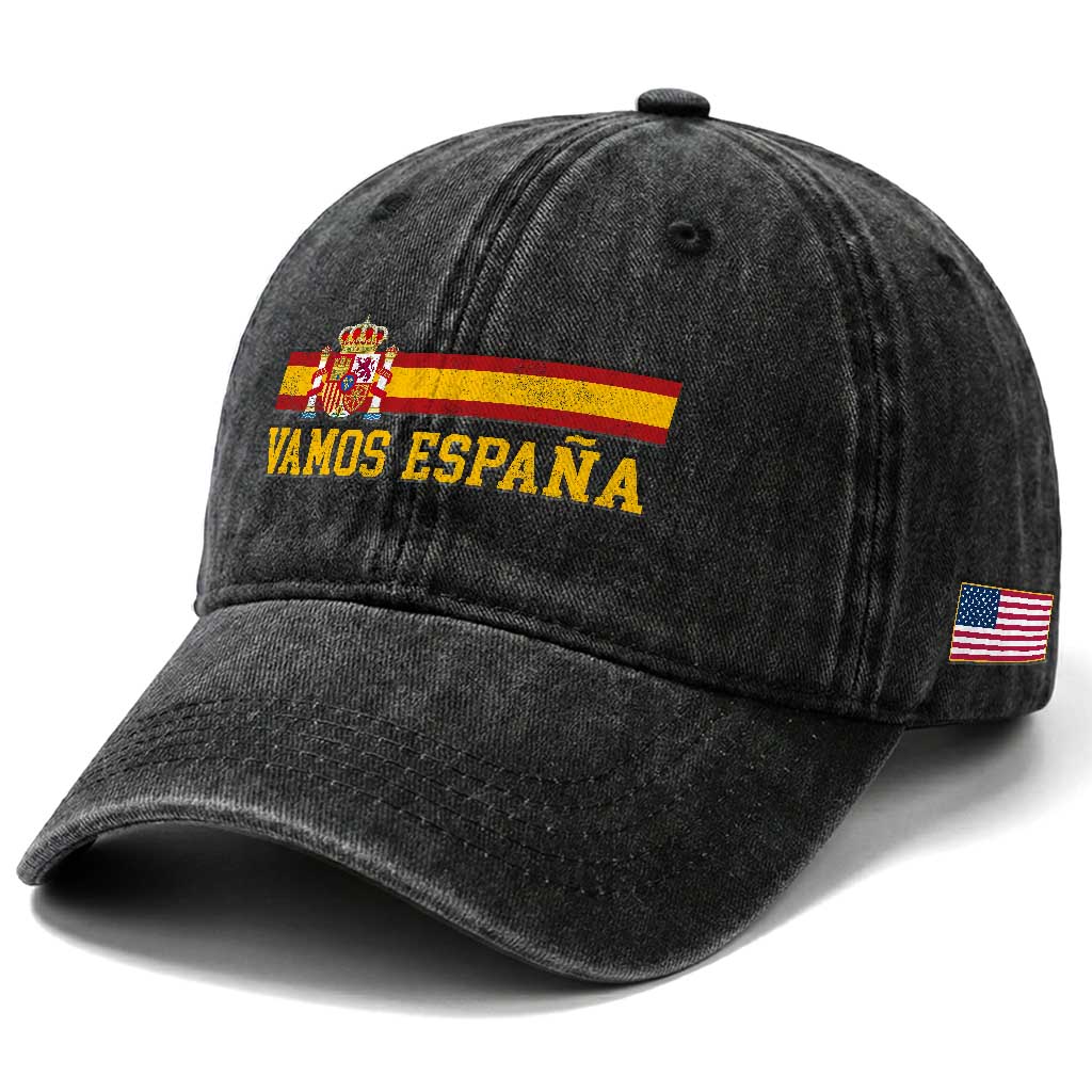 Vamos Espana Spainish Flag Vintage Spain Coat of Arms Washed Cotton Baseball Cap