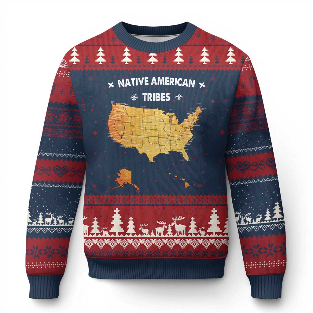 Native American Tribes Ugly Christmas Sweater Vintage Native American Map US History TS11 Navy Red Print Your Wear