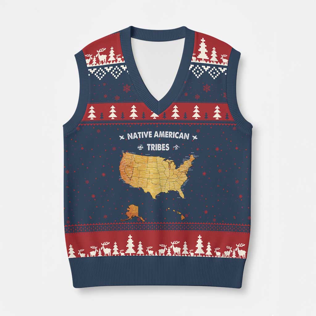 Native American Tribes V-Neck Knit Sweater Vest Vintage Native American Map US History TS11 Navy Red Print Your Wear