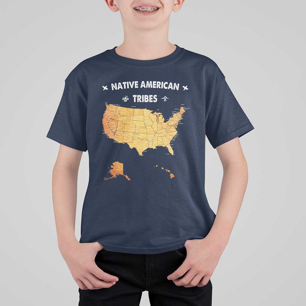 Native American Tribes T Shirt For Kid Vintage Native American Map US History TS11 Navy Print Your Wear