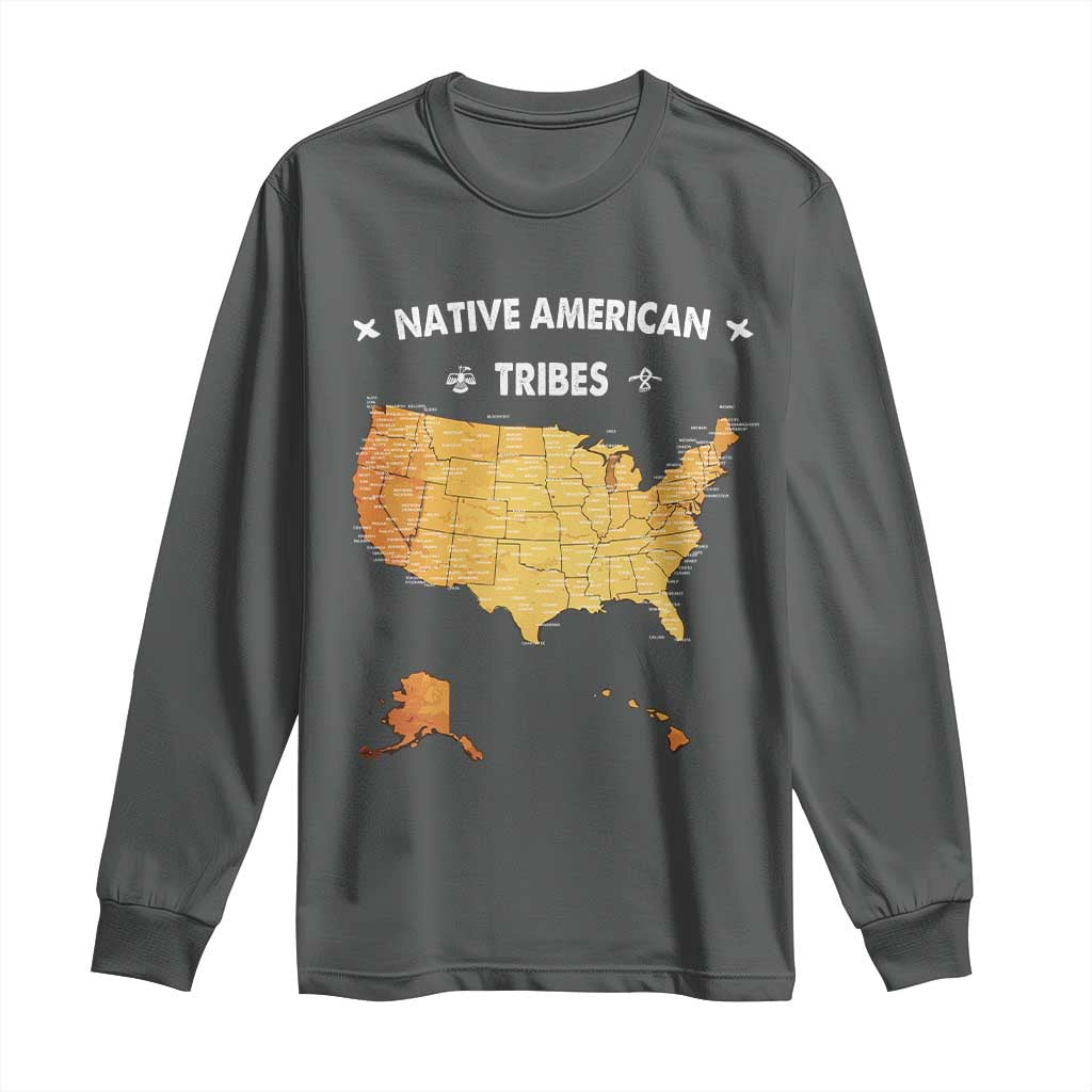 Native American Tribes Long Sleeve Shirt Vintage Native American Map US History TS11 Dark Heather Print Your Wear