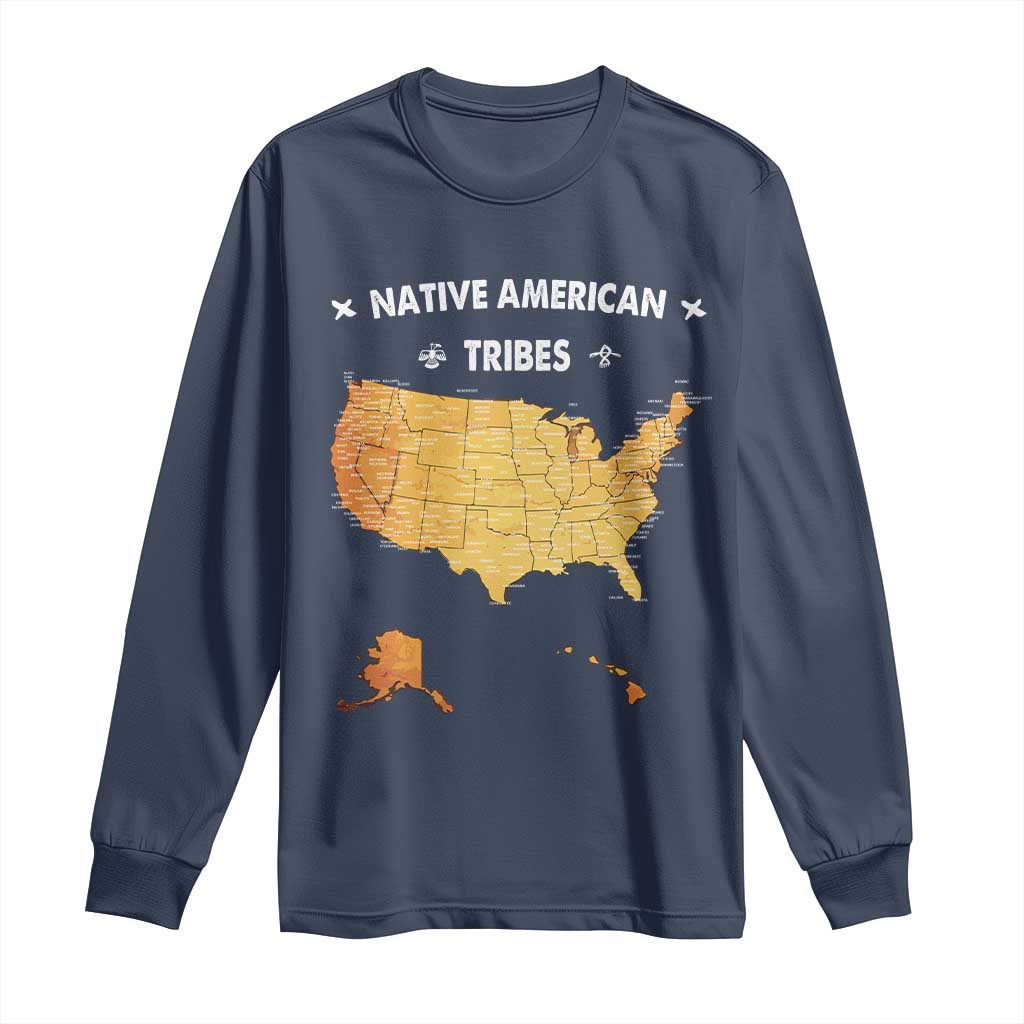 Native American Tribes Long Sleeve Shirt Vintage Native American Map US History TS11 Navy Print Your Wear