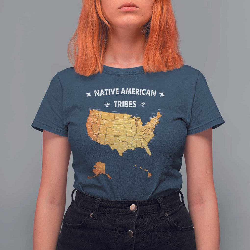 Native American Tribes T Shirt For Women Vintage Native American Map US History TS11 Navy Print Your Wear