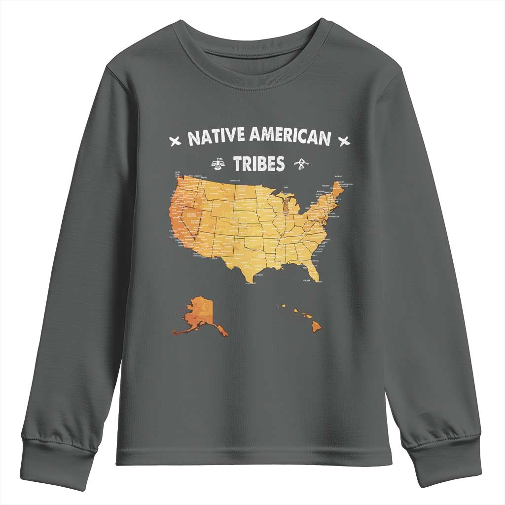 Native American Tribes Youth Sweatshirt Vintage Native American Map US History TS11 Dark Heather Print Your Wear