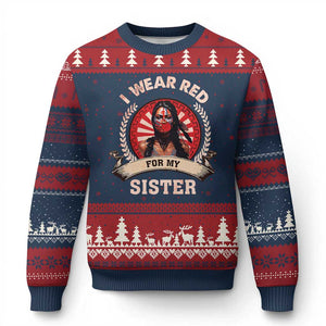 Native American Women Ugly Christmas Sweater I Wear Red For My Sister Stop MMIW Hand TS11 Navy Red Print Your Wear