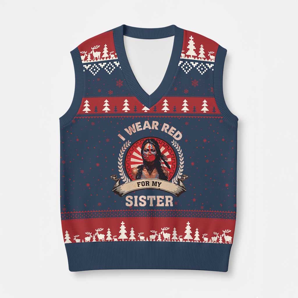Native American Women V-Neck Knit Sweater Vest I Wear Red For My Sister Stop MMIW Hand TS11 Navy Red Print Your Wear
