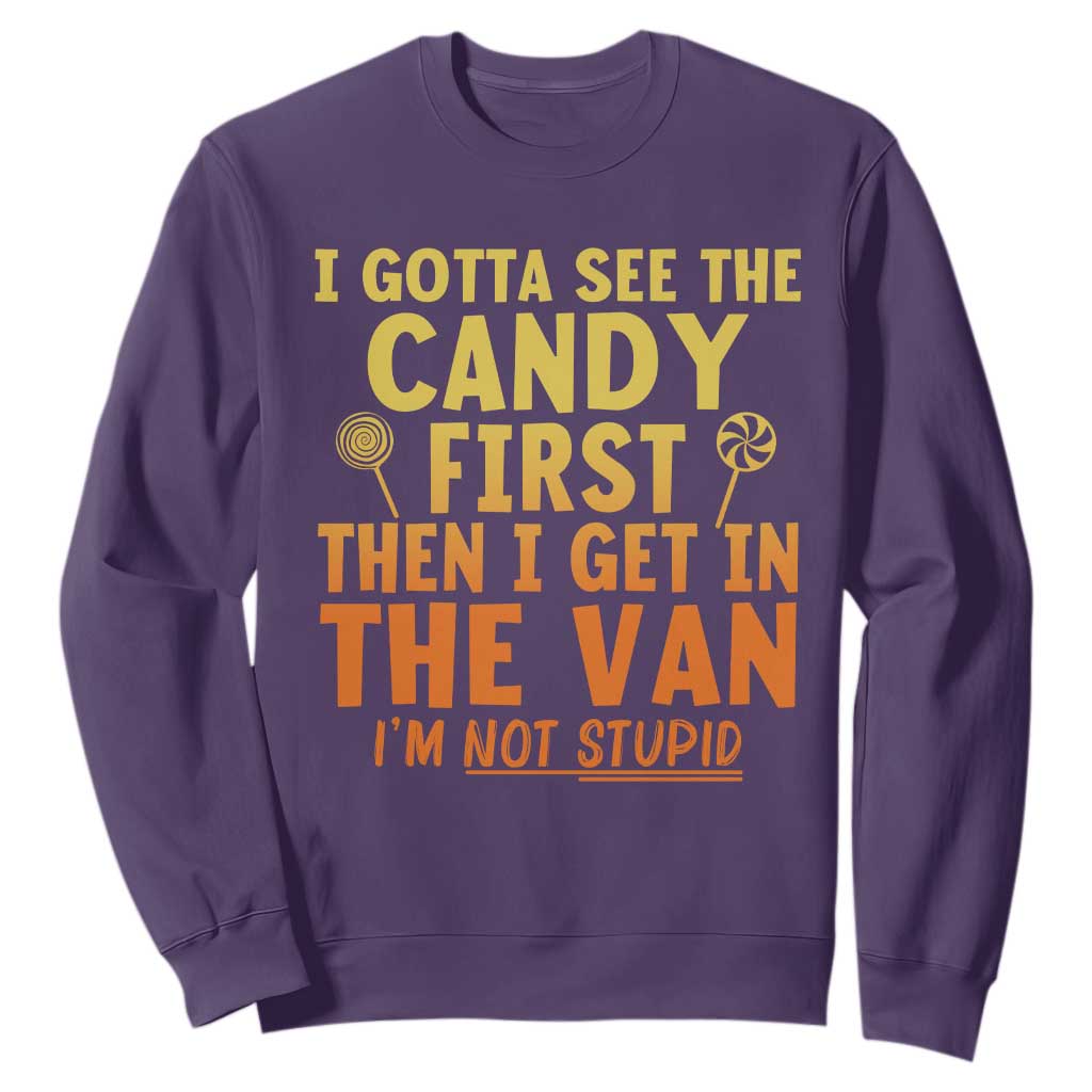 Funny I Gotta See The Candy First Then I Get In The Van I Am Not Stupid Sweatshirt Creepy Adult TS11 Purple Print Your Wear
