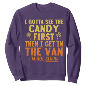Funny I Gotta See The Candy First Then I Get In The Van I Am Not Stupid Sweatshirt Creepy Adult TS11 Purple Print Your Wear