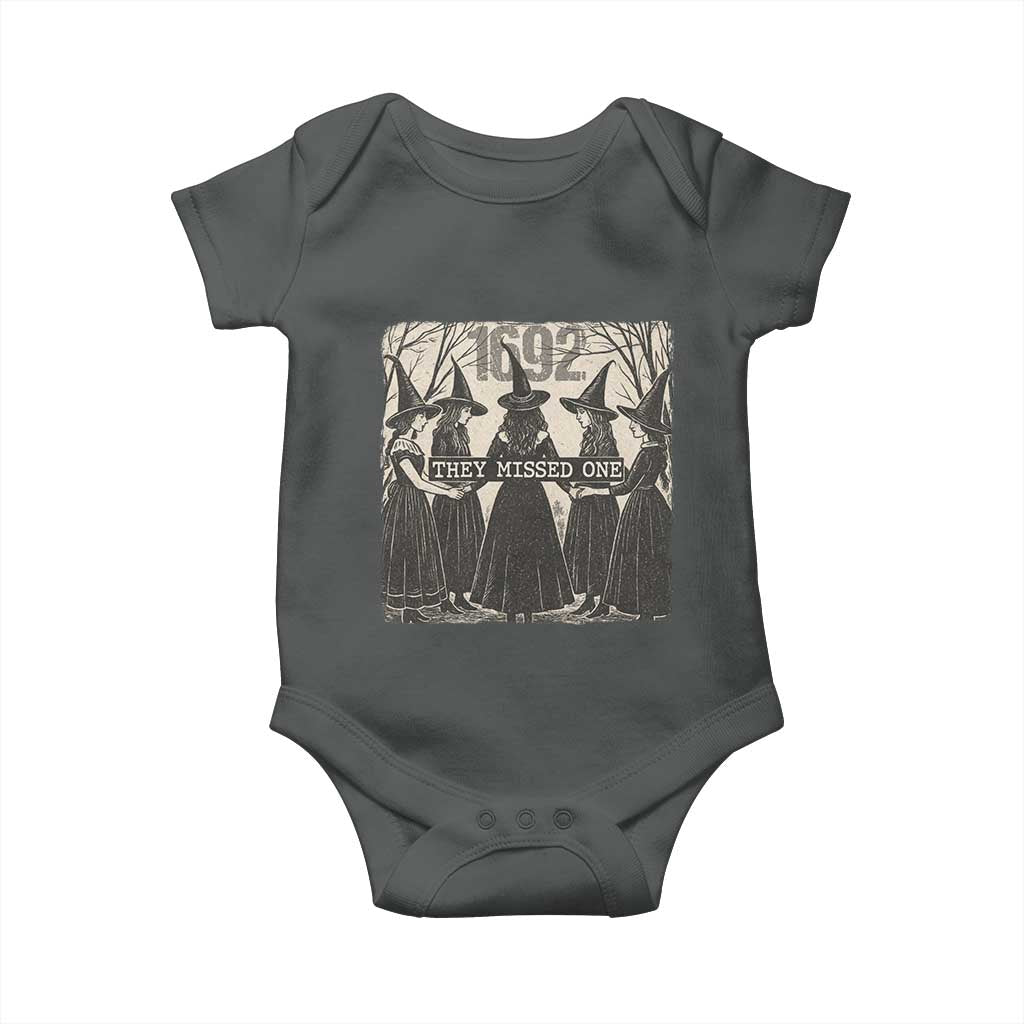 1692 They Missed One Baby Onesie Halloween Feminist Witch Trials TS11 Dark Heather Print Your Wear