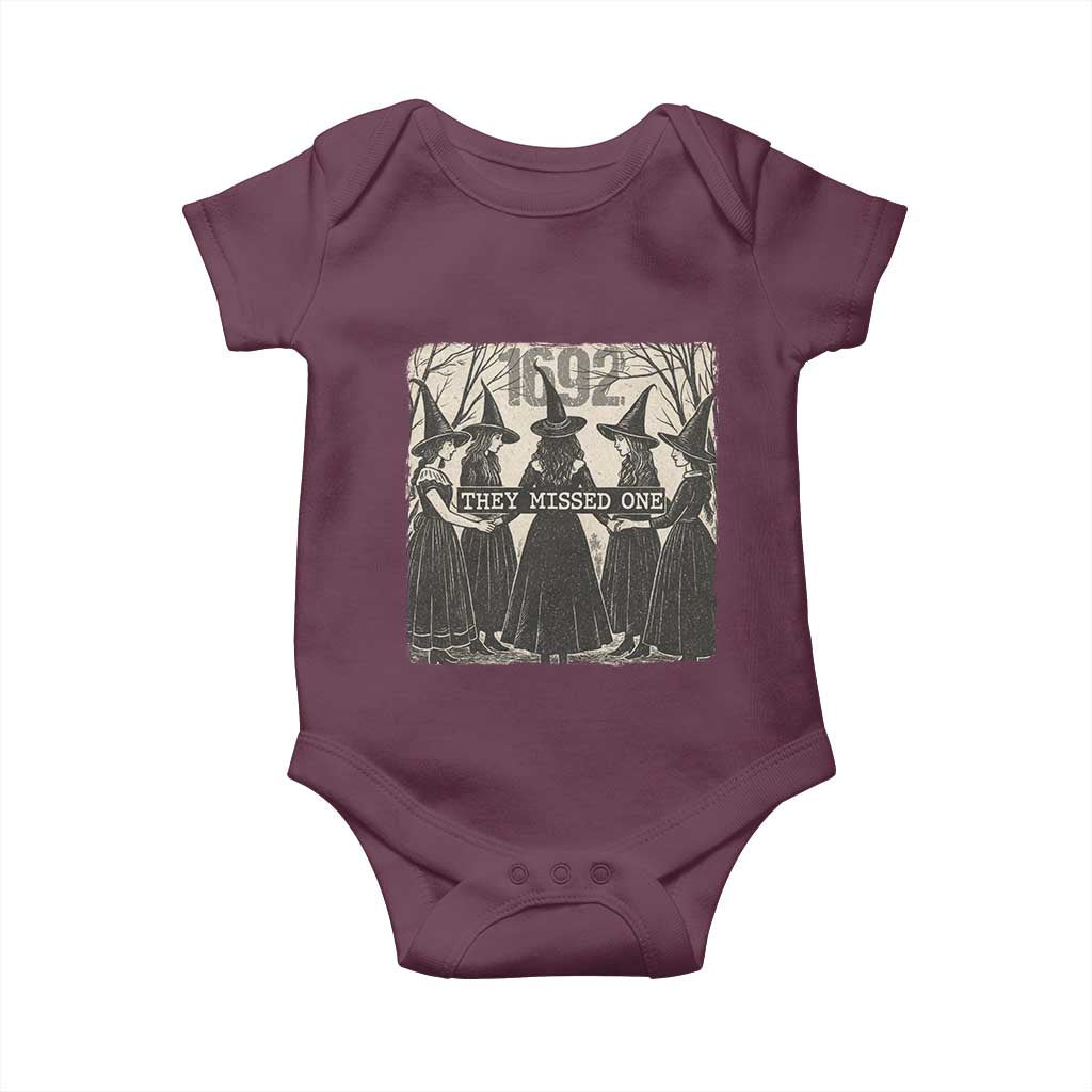 1692 They Missed One Baby Onesie Halloween Feminist Witch Trials TS11 Maroon Print Your Wear