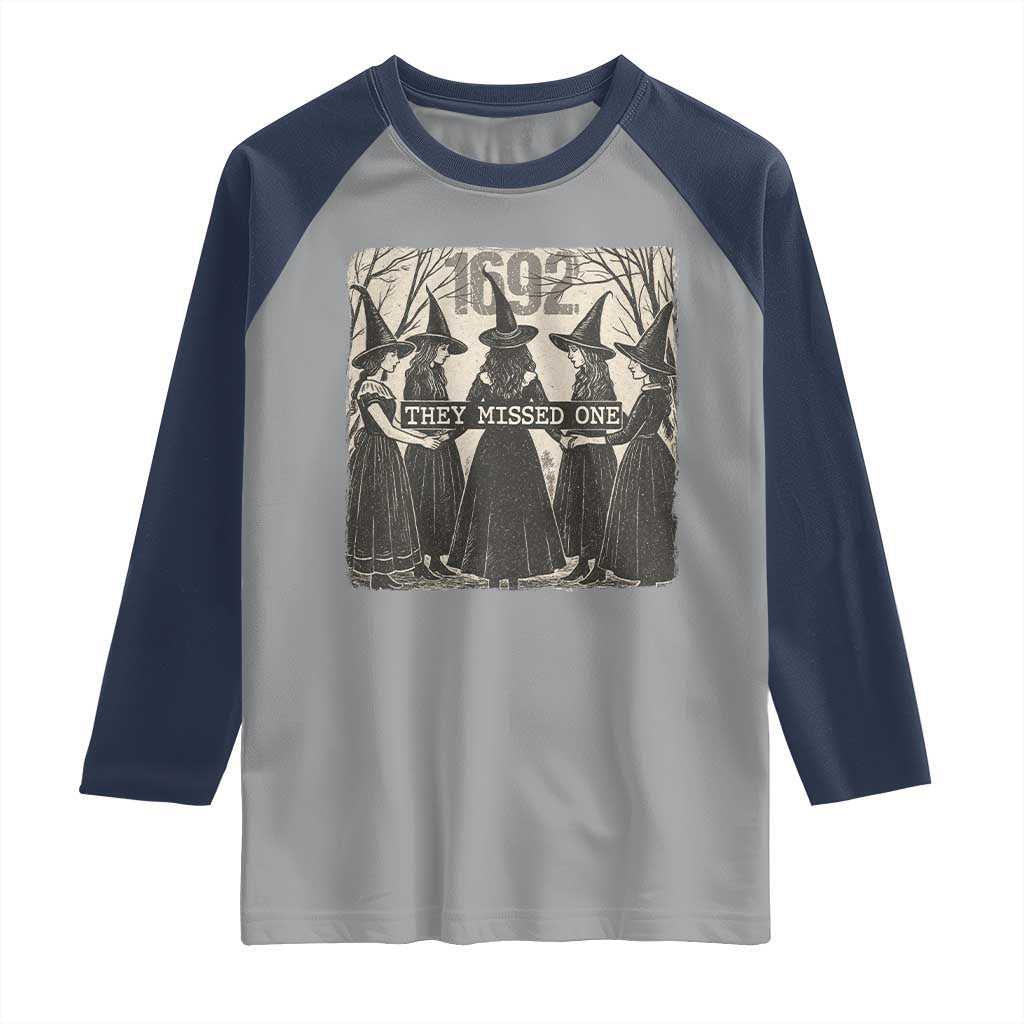 1692 They Missed One Raglan Shirt Halloween Feminist Witch Trials TS11 Sport Gray Navy Print Your Wear
