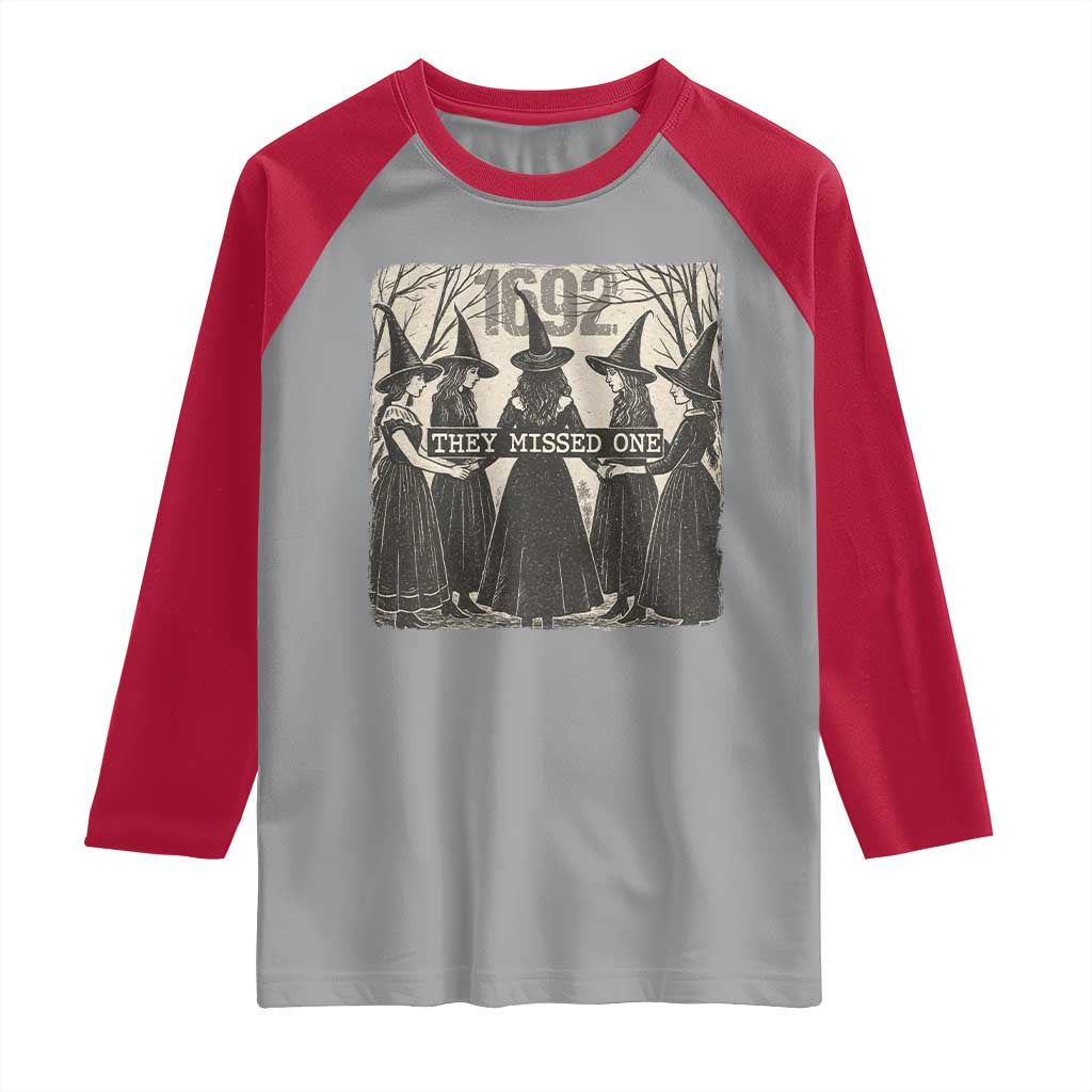 1692 They Missed One Raglan Shirt Halloween Feminist Witch Trials TS11 Sport Gray Red Print Your Wear