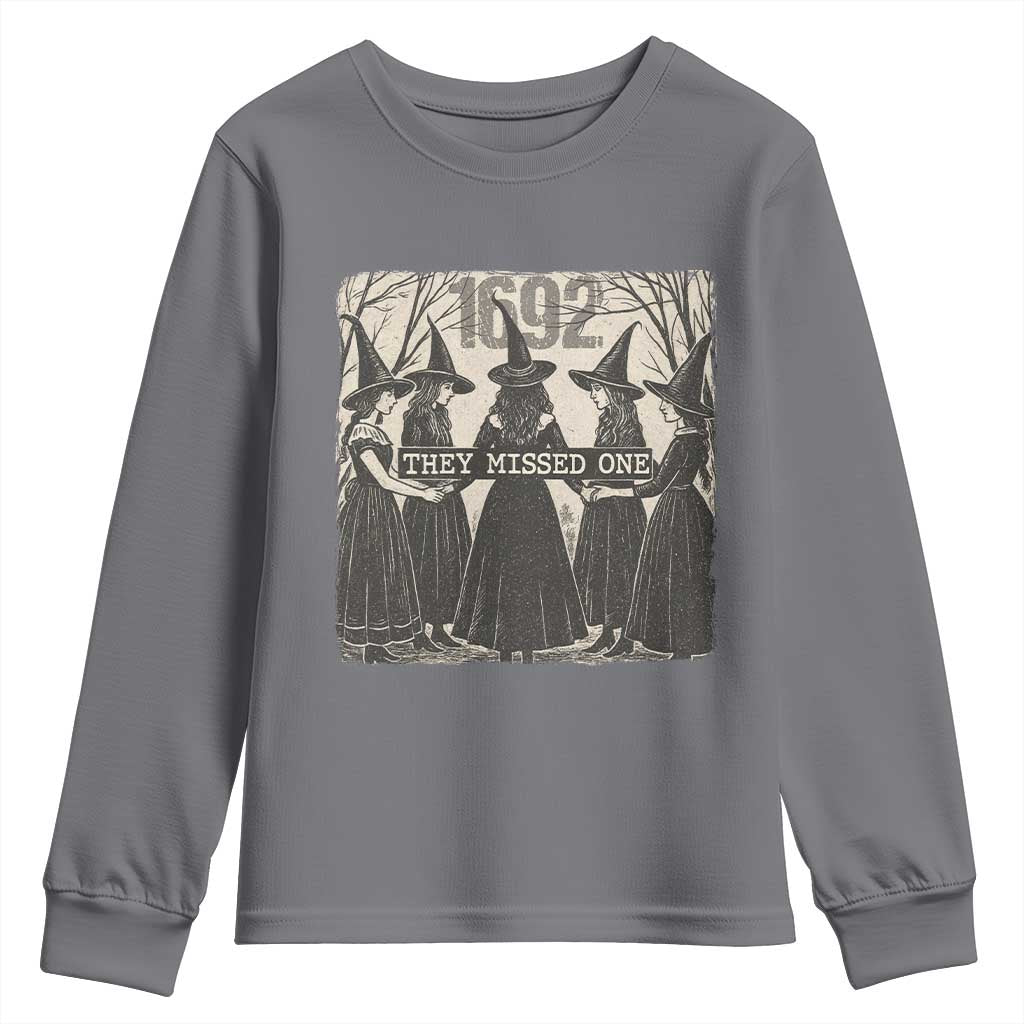 1692 They Missed One Youth Sweatshirt Halloween Feminist Witch Trials TS11 Charcoal Print Your Wear