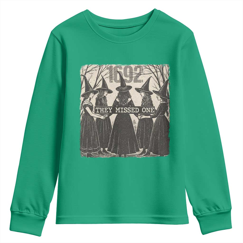 1692 They Missed One Youth Sweatshirt Halloween Feminist Witch Trials TS11 Irish Green Print Your Wear