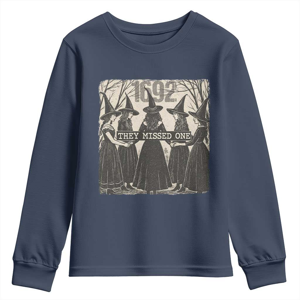1692 They Missed One Youth Sweatshirt Halloween Feminist Witch Trials TS11 Navy Print Your Wear