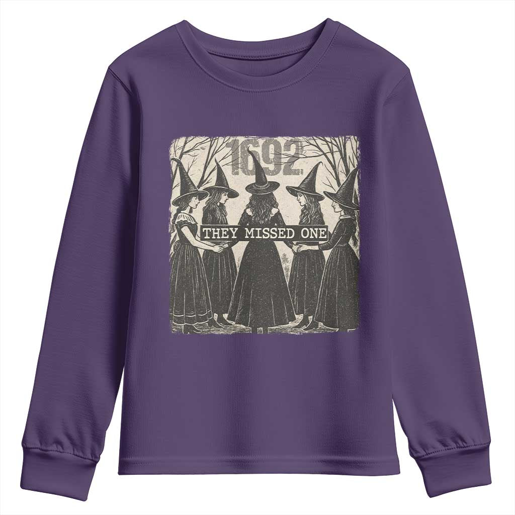 1692 They Missed One Youth Sweatshirt Halloween Feminist Witch Trials TS11 Purple Print Your Wear