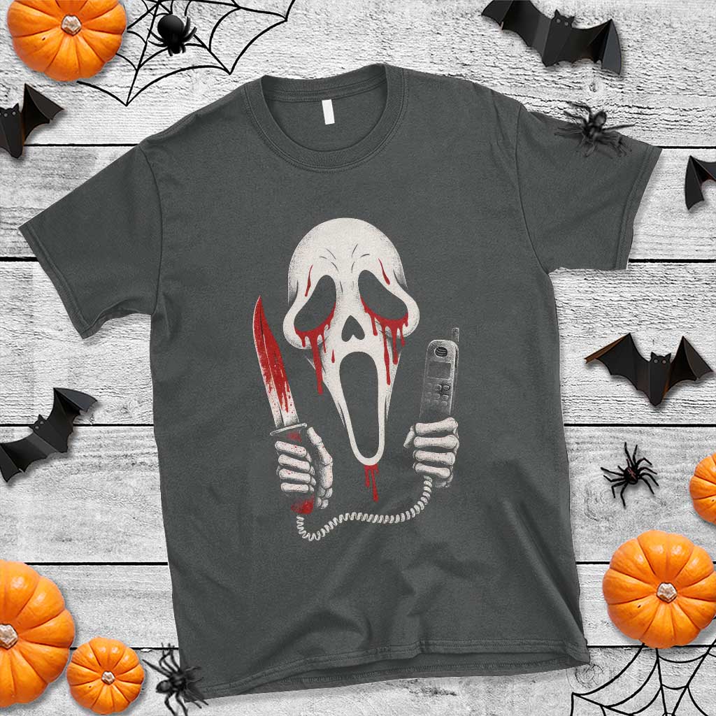 Funny Halloween Scary Face Ghost T Shirt Horror Slasher Bloody Knife TS11 Dark Heather Print Your Wear