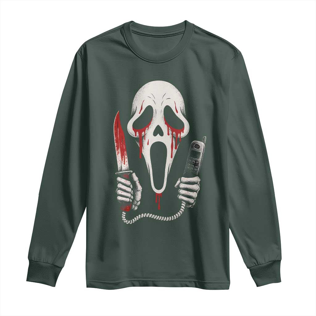 Funny Halloween Scary Face Ghost Long Sleeve Shirt Horror Slasher Bloody Knife TS11 Dark Forest Green Print Your Wear