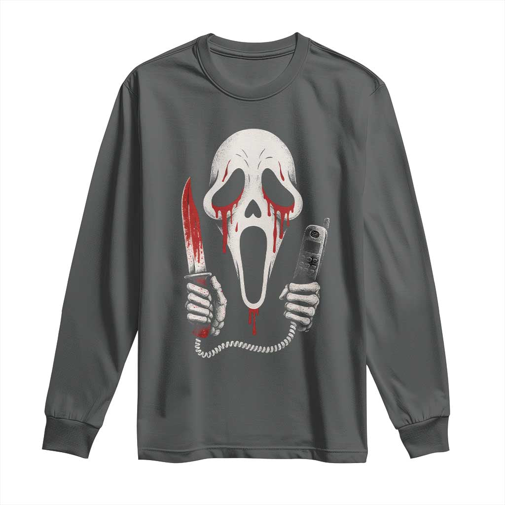 Funny Halloween Scary Face Ghost Long Sleeve Shirt Horror Slasher Bloody Knife TS11 Dark Heather Print Your Wear