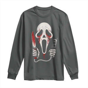 Funny Halloween Scary Face Ghost Long Sleeve Shirt Horror Slasher Bloody Knife TS11 Dark Heather Print Your Wear