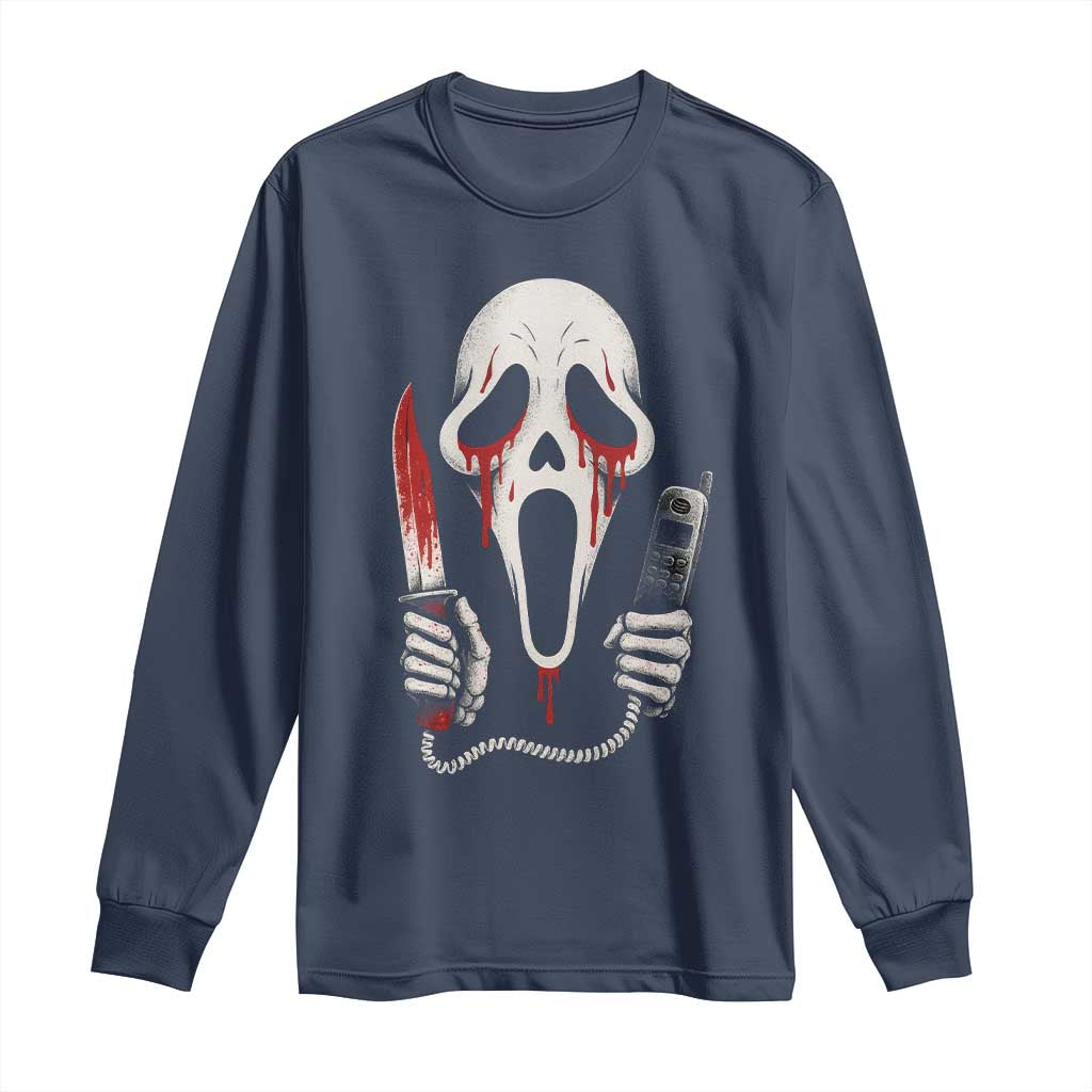 Funny Halloween Scary Face Ghost Long Sleeve Shirt Horror Slasher Bloody Knife TS11 Navy Print Your Wear