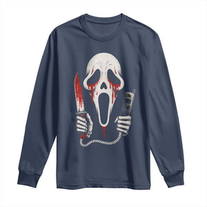 Funny Halloween Scary Face Ghost Long Sleeve Shirt Horror Slasher Bloody Knife TS11 Navy Print Your Wear