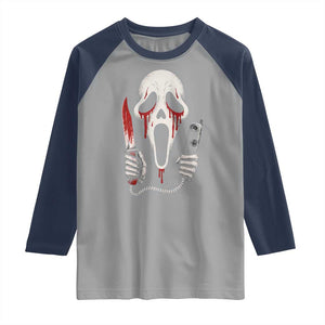 Funny Halloween Scary Face Ghost Raglan Shirt Horror Slasher Bloody Knife TS11 Sport Gray Navy Print Your Wear