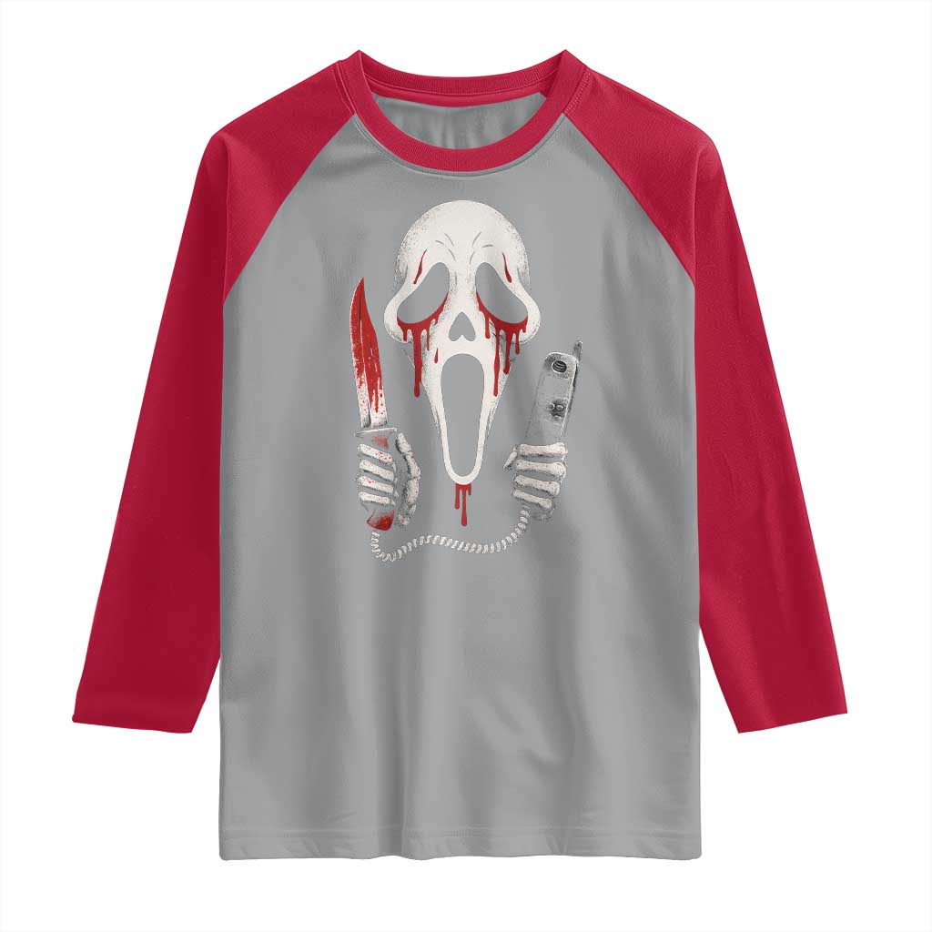 Funny Halloween Scary Face Ghost Raglan Shirt Horror Slasher Bloody Knife TS11 Sport Gray Red Print Your Wear