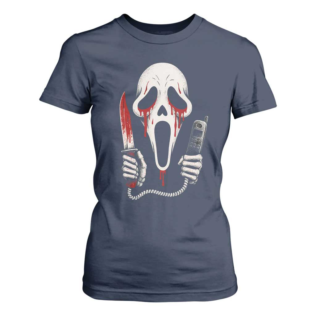 Funny Halloween Scary Face Ghost T Shirt For Women Horror Slasher Bloody Knife TS11 Navy Print Your Wear