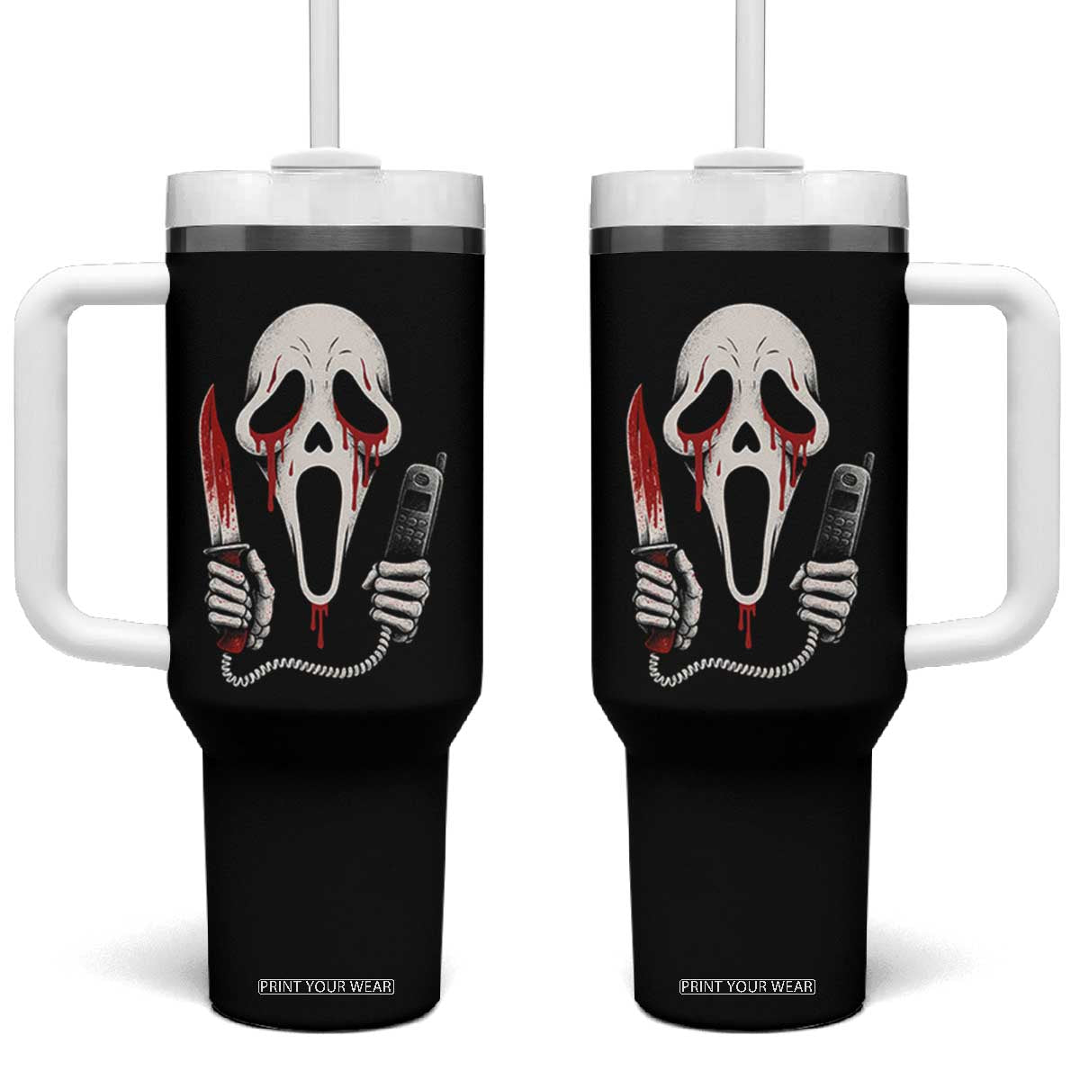 Funny Halloween Scary Face Ghost Tumbler With Handle Horror Slasher Bloody Knife TS11 One Size: 40 oz Black Print Your Wear