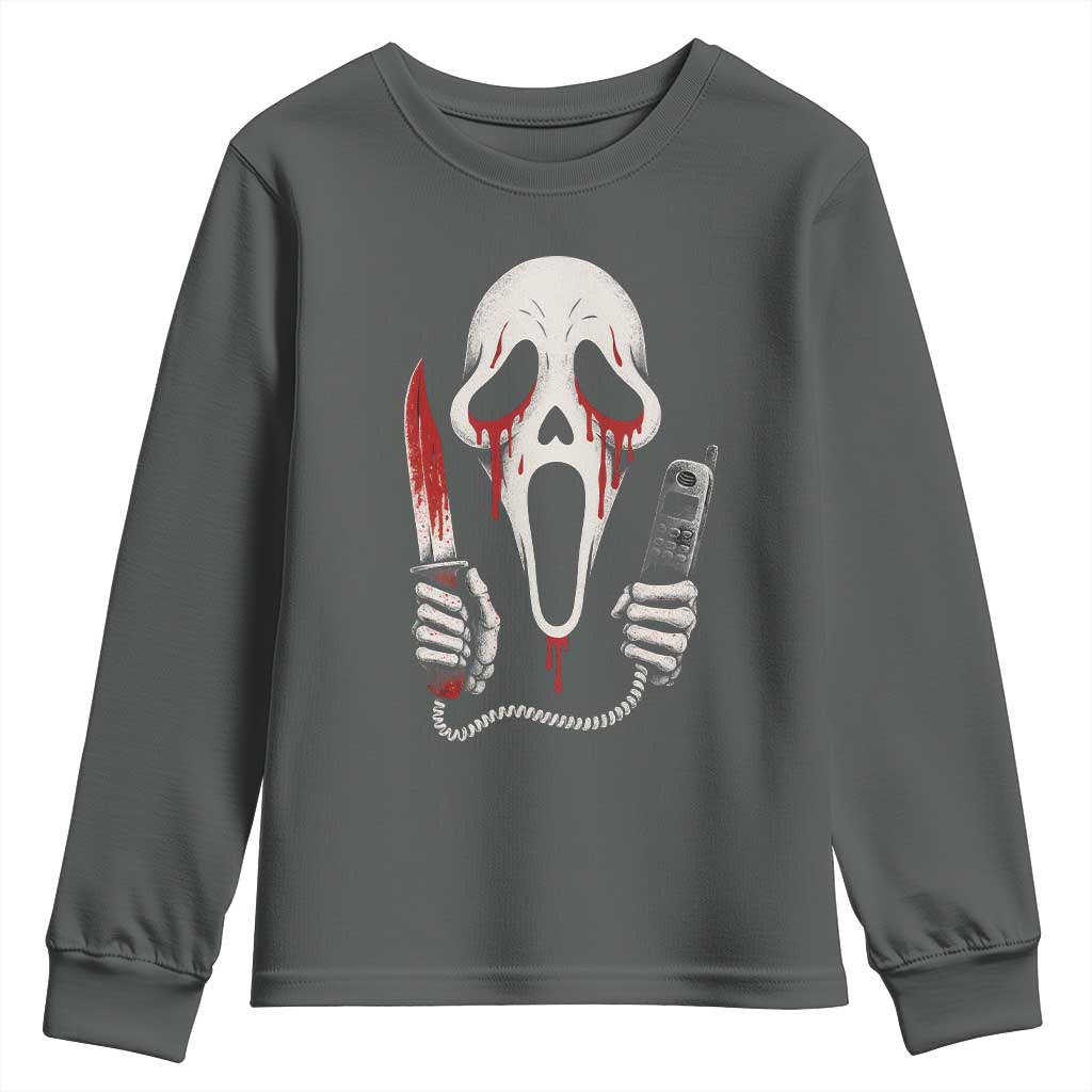 Funny Halloween Scary Face Ghost Youth Sweatshirt Horror Slasher Bloody Knife TS11 Dark Heather Print Your Wear
