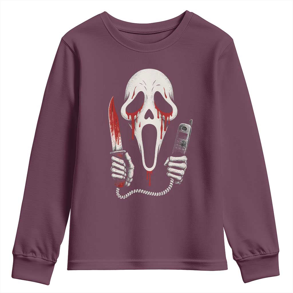 Funny Halloween Scary Face Ghost Youth Sweatshirt Horror Slasher Bloody Knife TS11 Maroon Print Your Wear