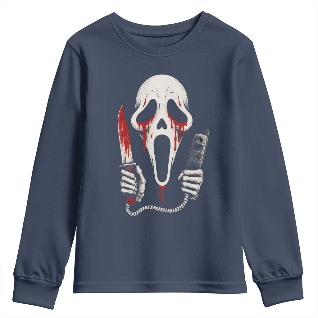 Funny Halloween Scary Face Ghost Youth Sweatshirt Horror Slasher Bloody Knife TS11 Navy Print Your Wear