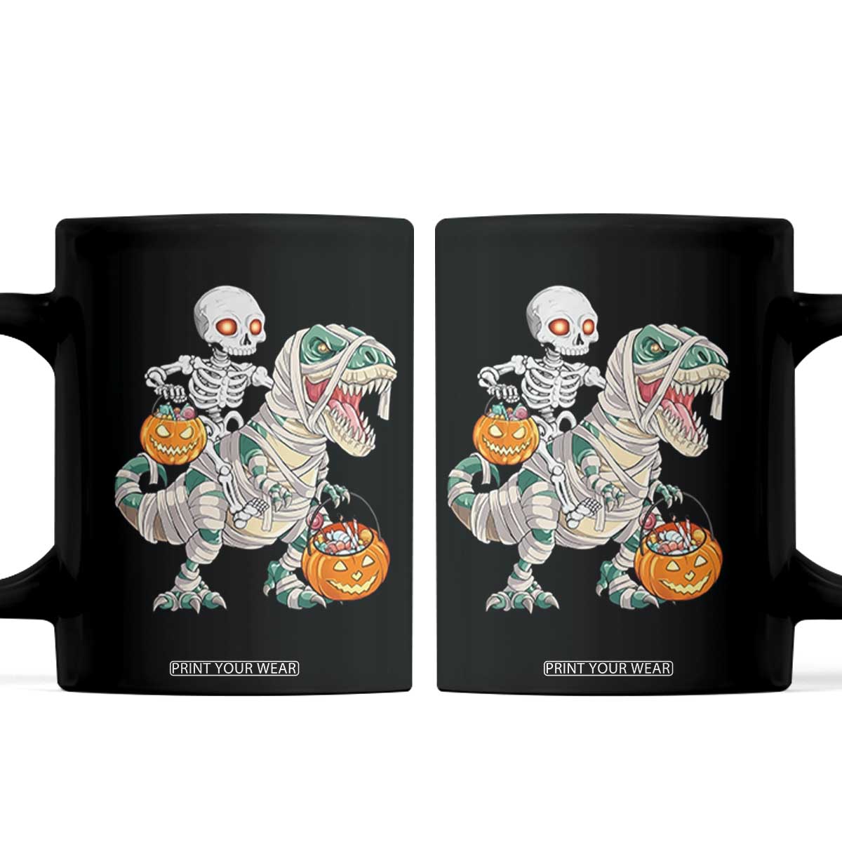 Funny Skeleton Riding Mummy Dinosaur Halloween Coffee Mug TS11 Black Print Your Wear