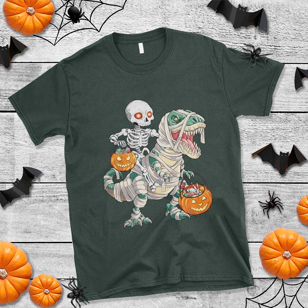 Funny Skeleton Riding Mummy Dinosaur Halloween T Shirt TS11 Dark Forest Green Print Your Wear