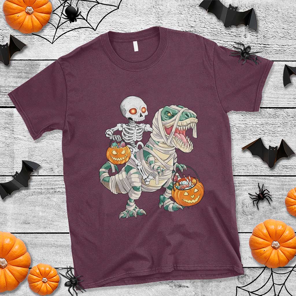 Funny Skeleton Riding Mummy Dinosaur Halloween T Shirt TS11 Maroon Print Your Wear